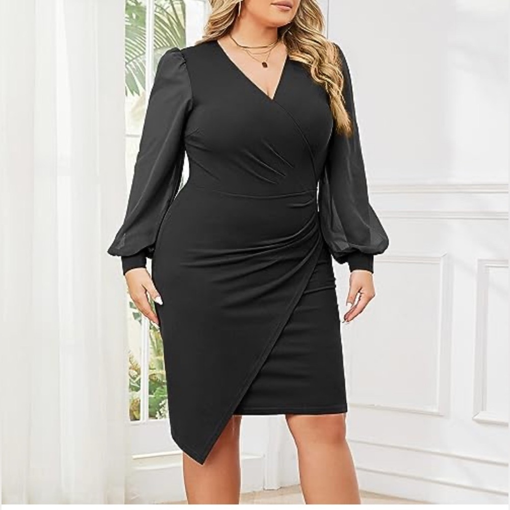 EXLURA Women’s Fall Plus Size Long Sleeve V- Neck Asymmetrical Dress XXXXL Class